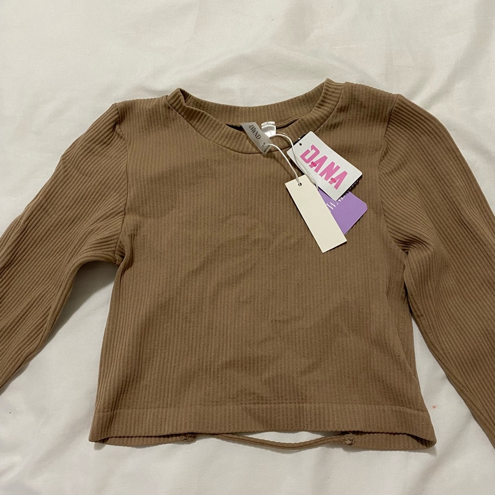 Tan Long Sleeve Crop Top Open Back